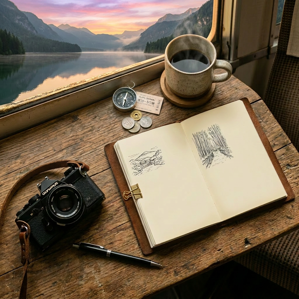 Open travel journal with sketches, vintage camera, map, compass, coins, pen, and coffee mug on wooden table by train window overlooking lake and mountains